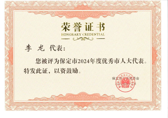 【喜報】集團總經理李龍被評為保定市2024年度優(yōu)秀市人大代表